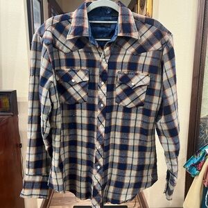 Men's Blue and Orange Plaid Casual Button Down Shirt w/pearl snaps
